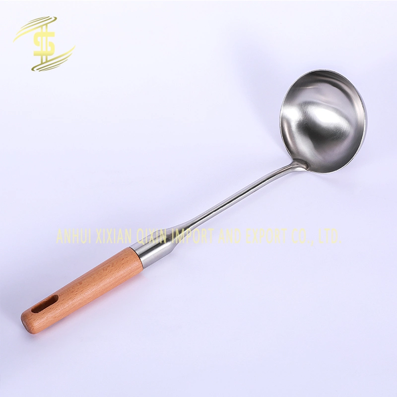 Factory Direct Supply Kitchen 304 Stainless Steel Solid Wooden Handle Shuangliren Scoop