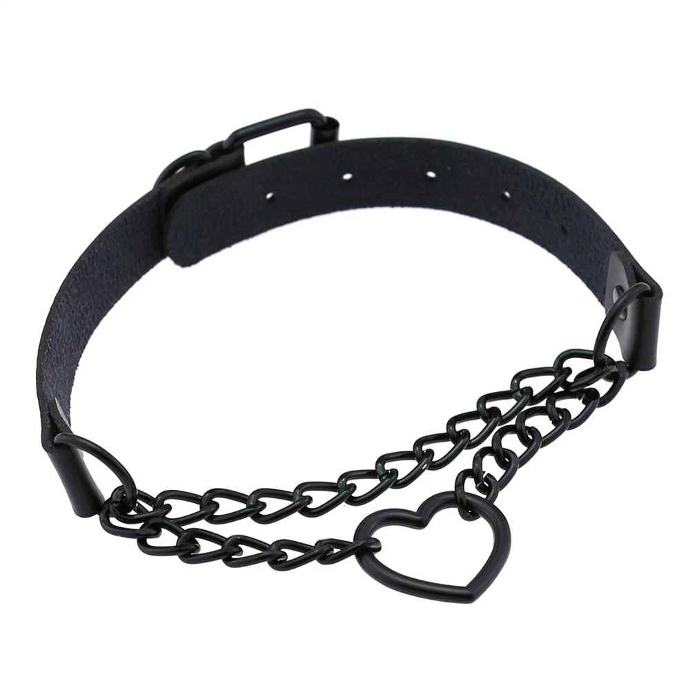 Punk Leather Black Chain Dark Spade Heart Necklace Neck Chain Bondage Bdsm Collar