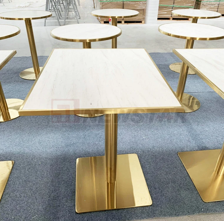 Четырехгранный золотистый обеденный стол Ресторан Кафе Хром Обеденный стол