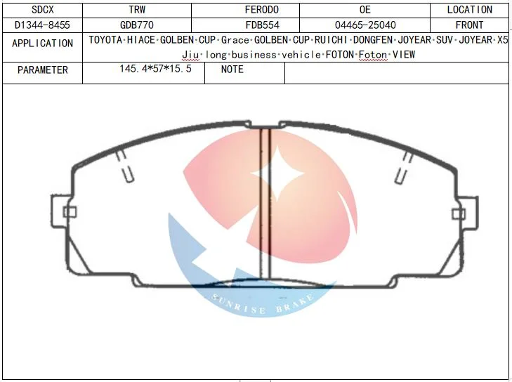 Sdcx D1344 04465-26170 Dust Suppression High Temperature Resistance Ceramic Front Brake Pad for Toyota