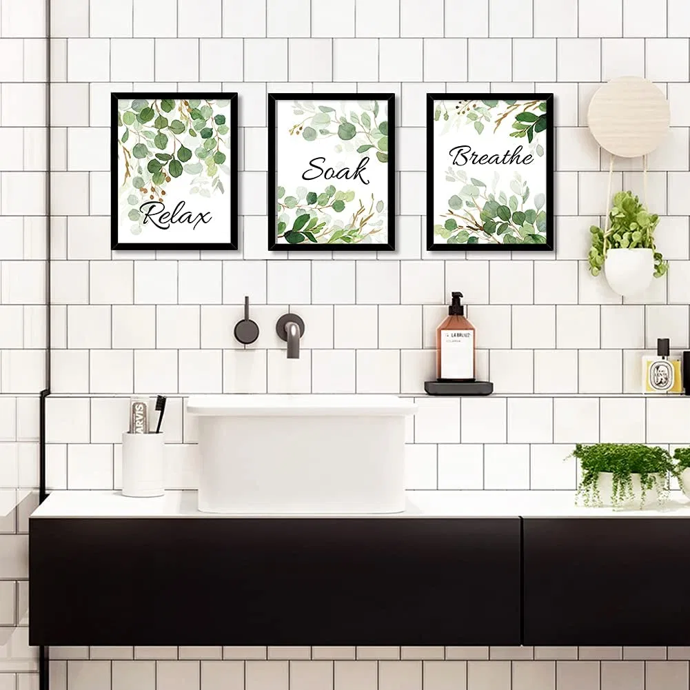 Home Decor Green Leaf Print Framed Plant Canvas Poster for Washroom