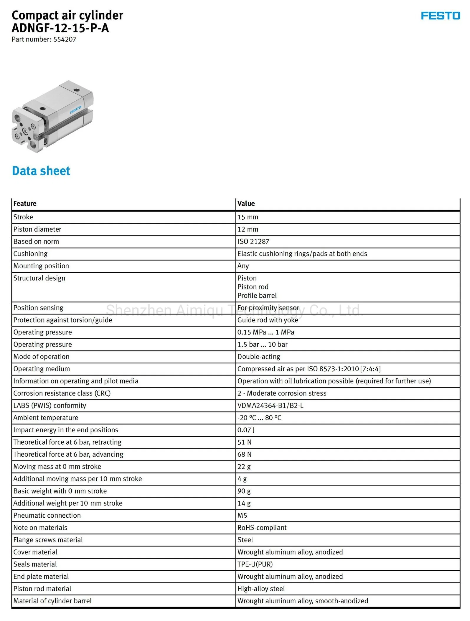 554207 Adngf-12-15-P-a From Festo Pneumatic Compact Air Cylinder RoHS-Compliant