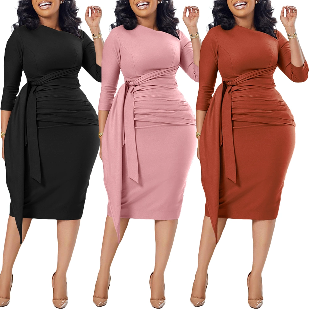 L36985 bandagem simples Ruched Slant Pescoço vestido MIDI Sexy Vestuário