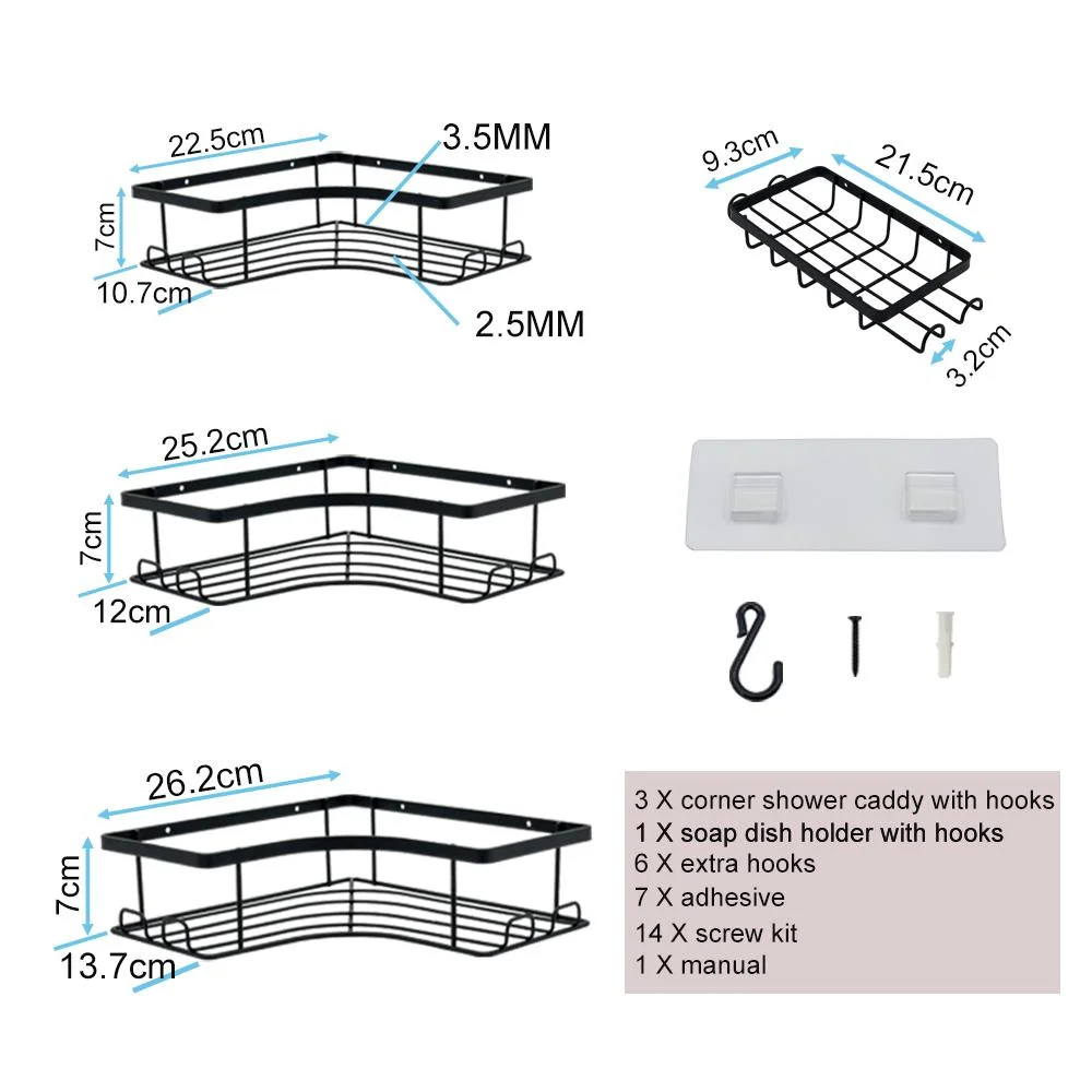 SUS304 ducha de esquina estanterías Caddy 3 Pack con 6 ganchos adicionales y 1 soporte de jabón de baño de montaje en pared