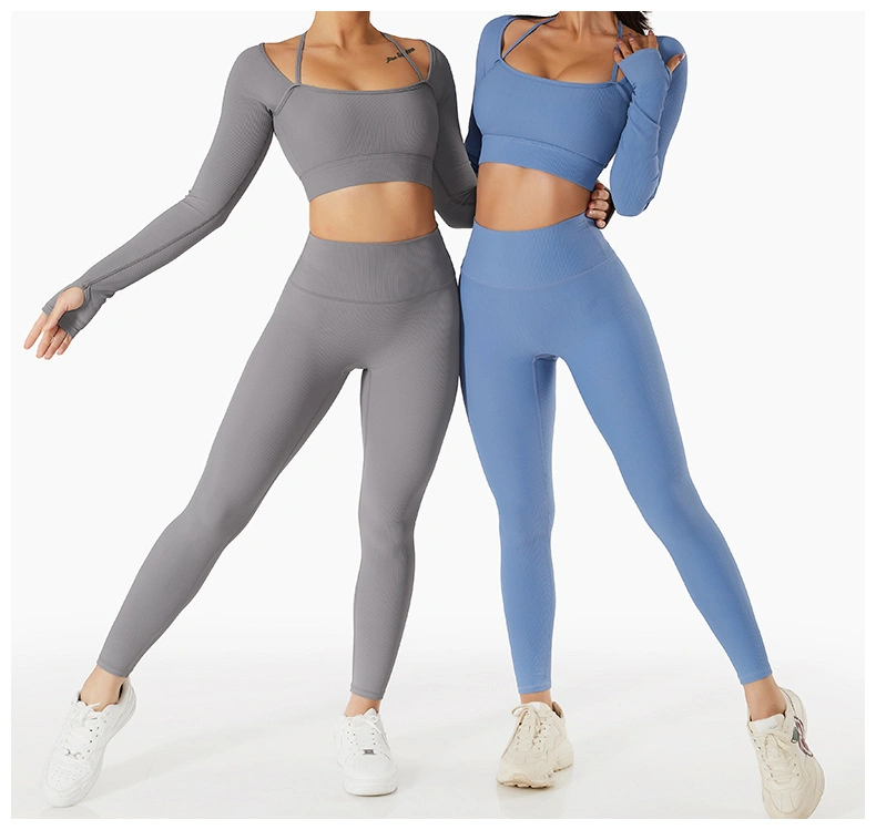 Halter Neck Shoulder Strap Thumb Cuff Design Ribbed Long Sleeves Crop Top Yoga Tracksuit