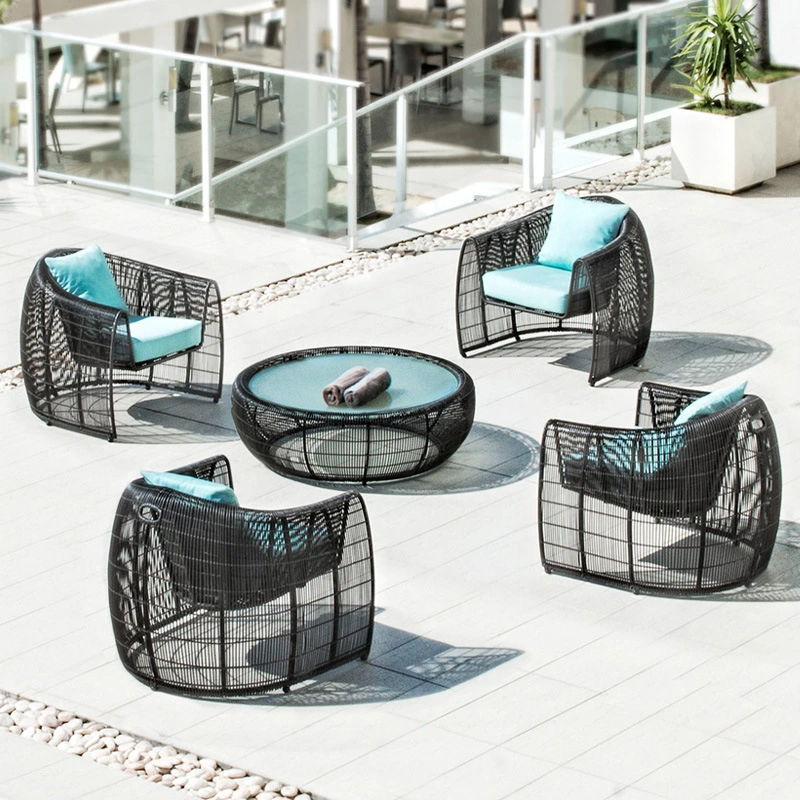 Hot Sale Outdoor Garden Wicker Dining Furniture and Rock Slab Table and Fabric Chair Sets