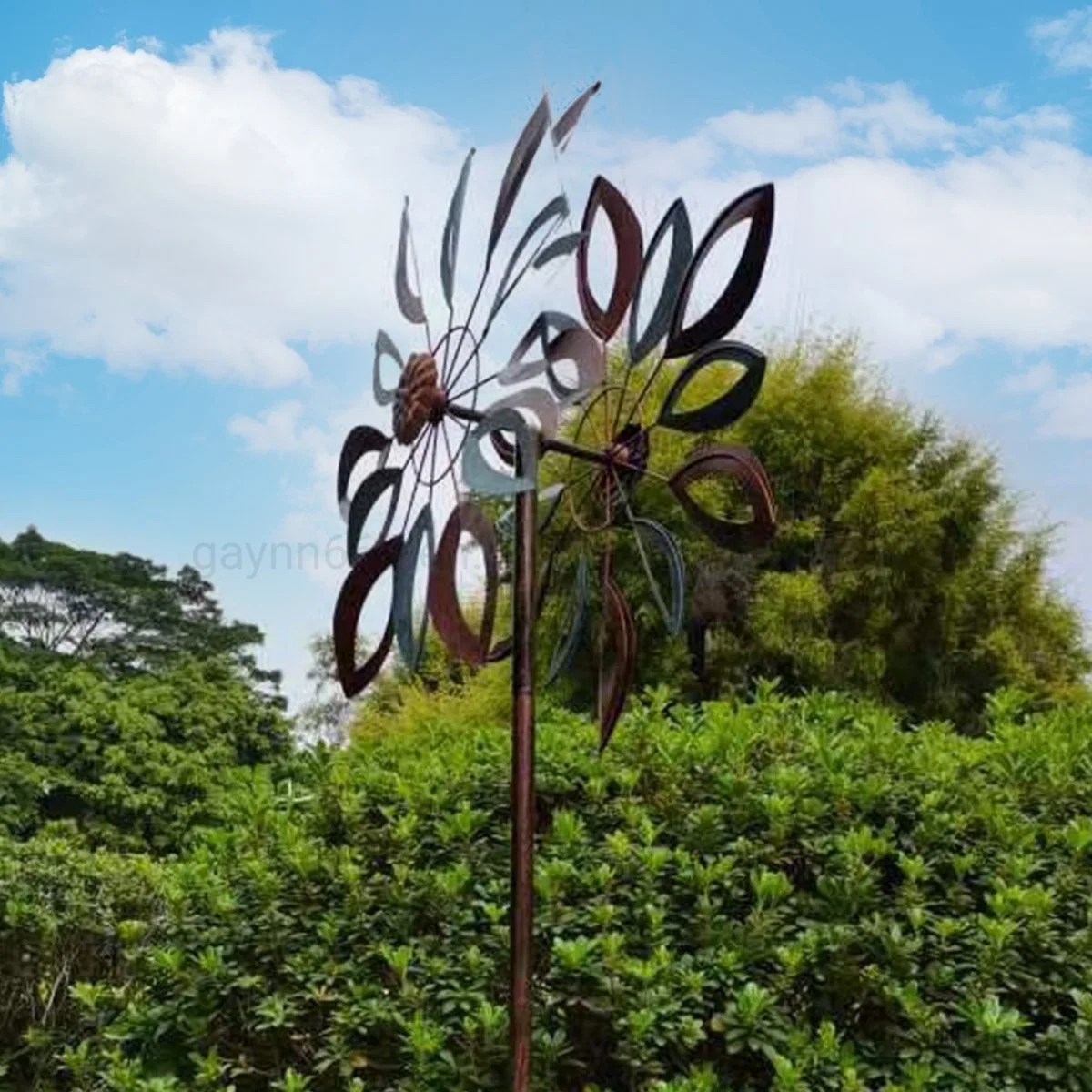 Floral Cutout Jumbo Garden Stick Antique Bronze Patina Colored Metal Craft Windmill Wind Spinner for The Garden Decoration in 75 Inch Tall