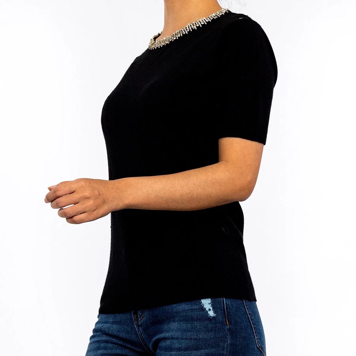 Summer Round Neck Diamond Neckline Short Sleeve Pullover Black Sweaters for Women