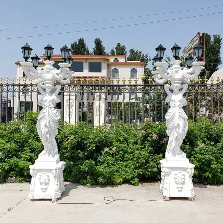 Outdoor Park Street Lamp Decoration Large White Marble Stone Lady Statue with Holding Lamp Sculpture