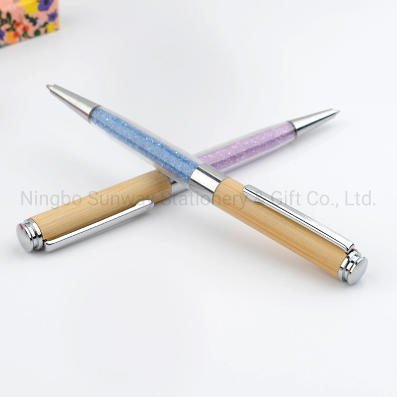 Promotion Stationery Bamboo Twist Pink Color Diamond Decoration Pen with Metal Clip