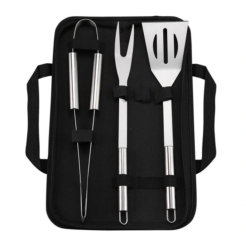 Stainless Steel Three-Piece BBQ Tool Set with Shovel Fork Clip Set
