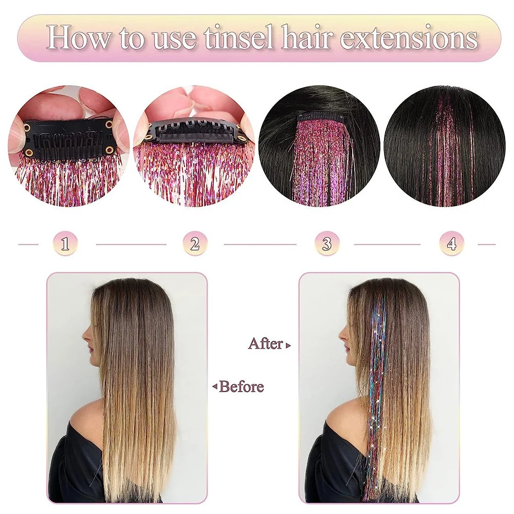 Synthetic Hair Extensions Clip in Straight Sparkle Hair Tinsel for New Year Party