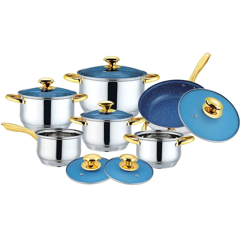 Fábrica Utensílios Atacado caçarola Fry Pan Cooking Pot Set 12 Conjunto de utensílios de cozinha em aço inoxidável, com tampa azul de vidro Walmart Fornecedor