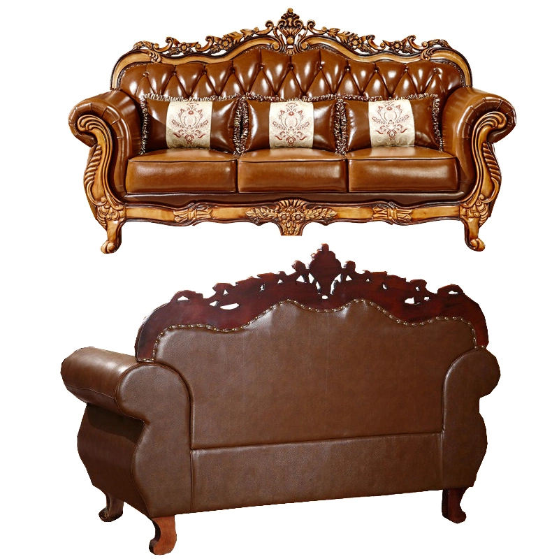 Home Furniture Factory Wholesale/Supplier Wood Carved Leather Sofa in Optional Furnitures Color and Couch Seat