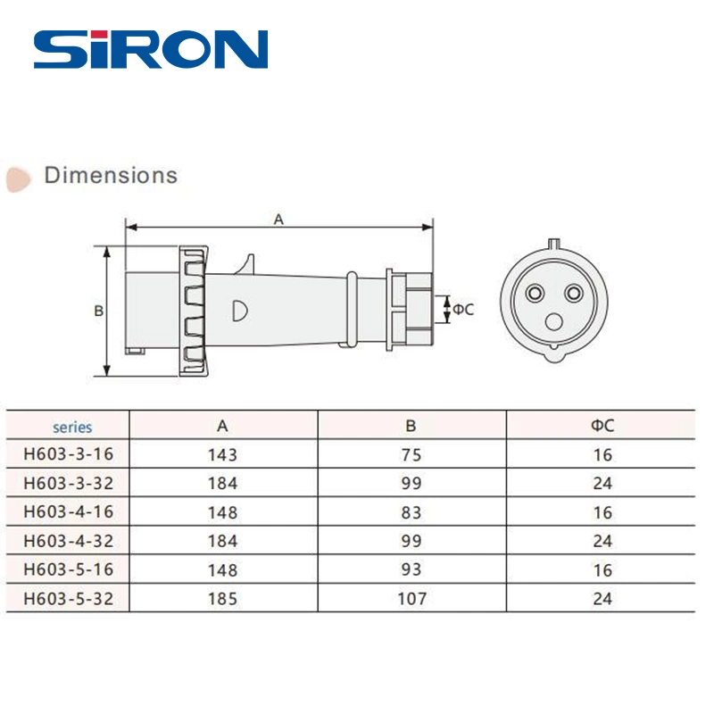 Conector macho industrial de inserción eléctrica móvil resistente al agua SIRON H603 IP67 16A/32A 3pin 4pin 5pin