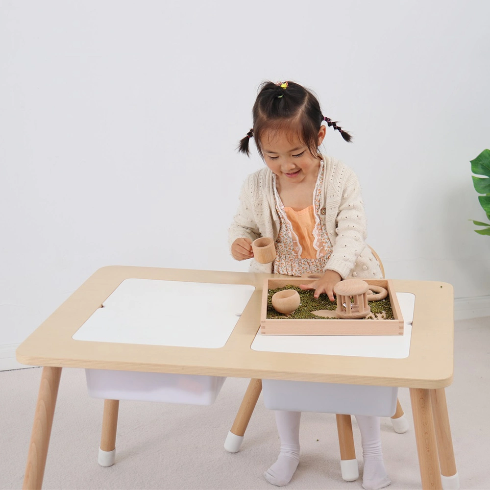 Preschool Kids Furniture Birch Plywood Children Wooden Water Play Table Sensory Table for Toddler with Two Storage Box