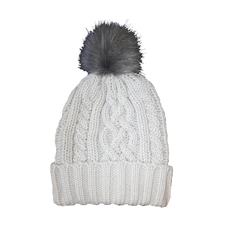 Lady Winter Fashion Warm Chunky Bobble Hat Cap with Faux Fur Pompom