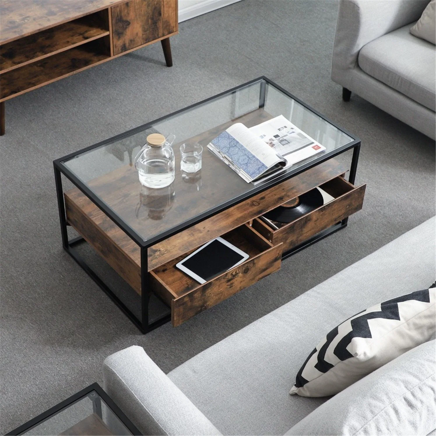 Customized Glass Coffee Table with 2 Drawers Tempered Glass Top with Storage Shelf