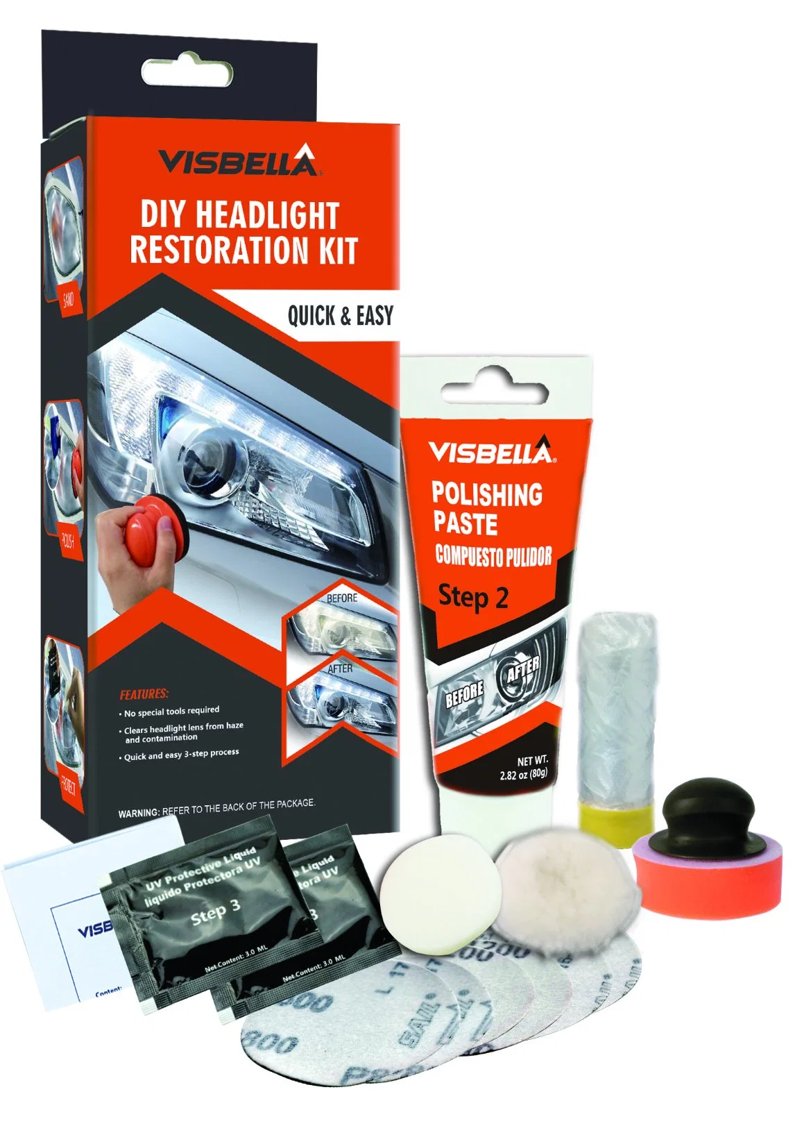 Visbella DIY Car Headlight Cleaning Headlight Restoration Kit Manual Color Box