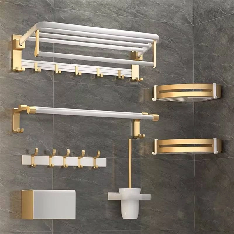 Aluminium White-Gold Aluminium Hotel Luxury Bathroom Accessories Set: Towel Rack Shelf, Customizable Design