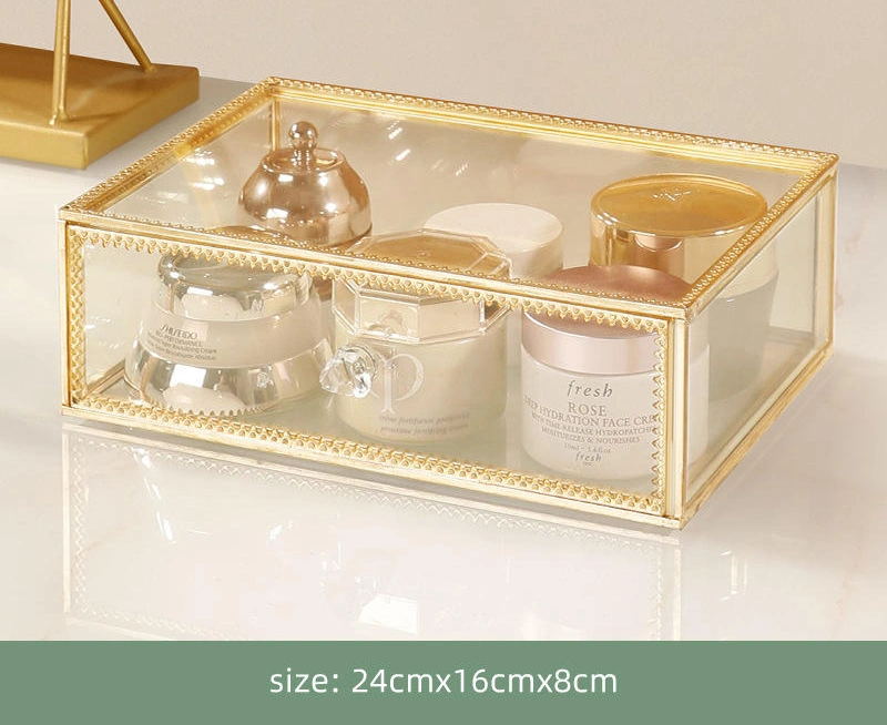 Makeup Organizer Luxury Gold Metal Glass Brush Acrylic Desk Perfume Vanity Holder Make up Cosmetic Storage Box