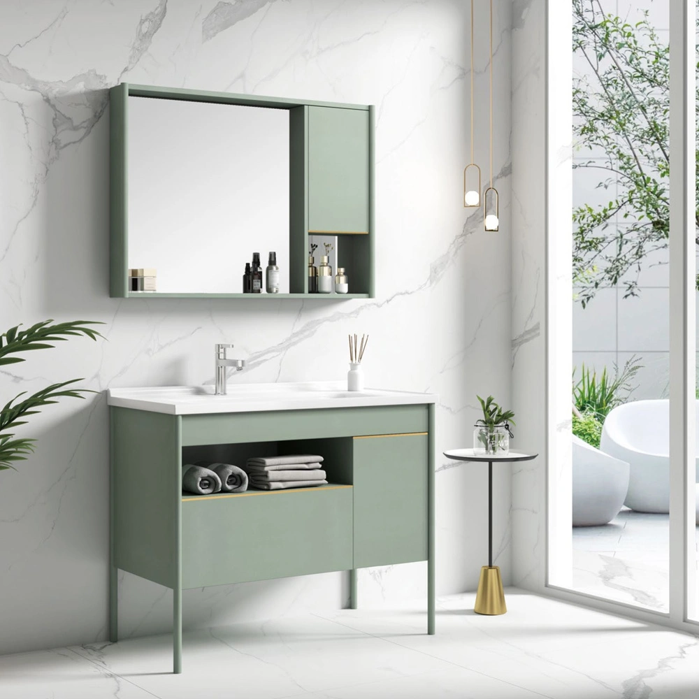 Customized Size Green Grey Refreshing Style PVC Home Products Bathroom Cabinet Vanity Set