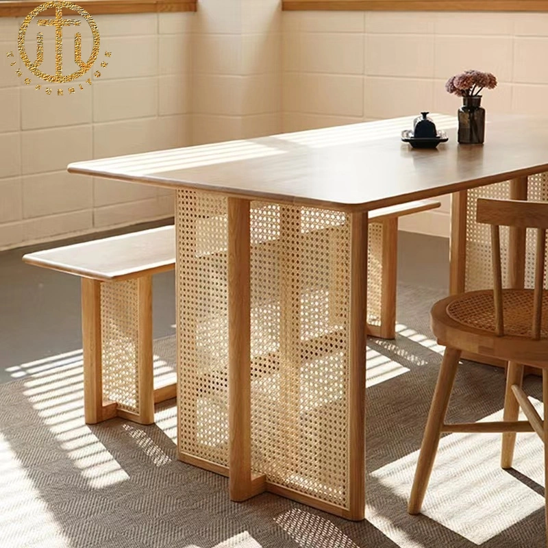 Nordic Solid Wood Home Dining Table and Chair Set Rattan Imple Furniture