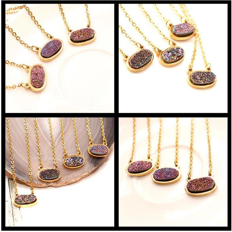 Crystal Inlaid Titanium Steel Gold-Plated Necklace Oval Colorful Double Hook Natural Crystal Necklace