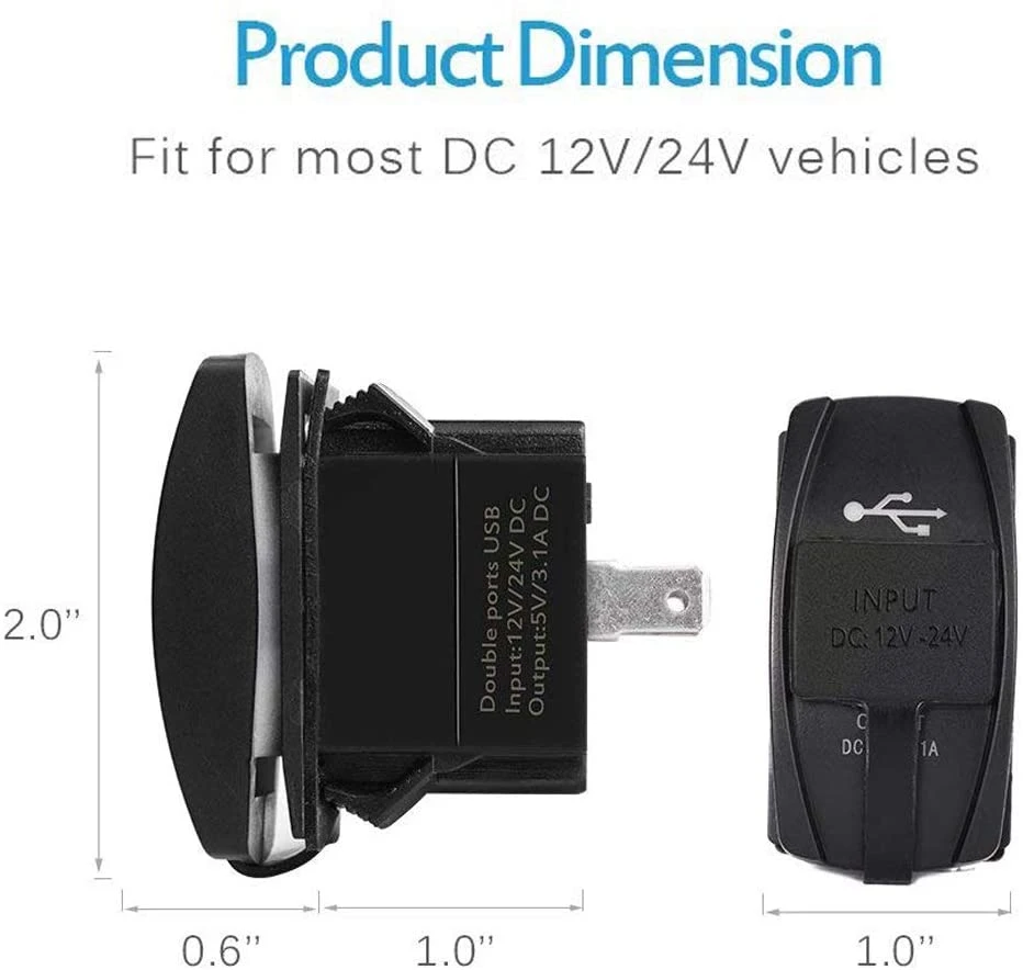 Universal Rocker Style Car USB Charger, with Blue LED Light Dual USB Power Socket for Rocker Switch Panel