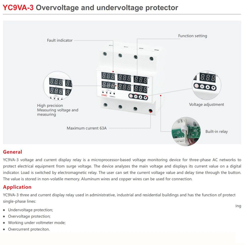 100A 3no Output Contact Overcurrent Proteciton Under Over Voltage Protector