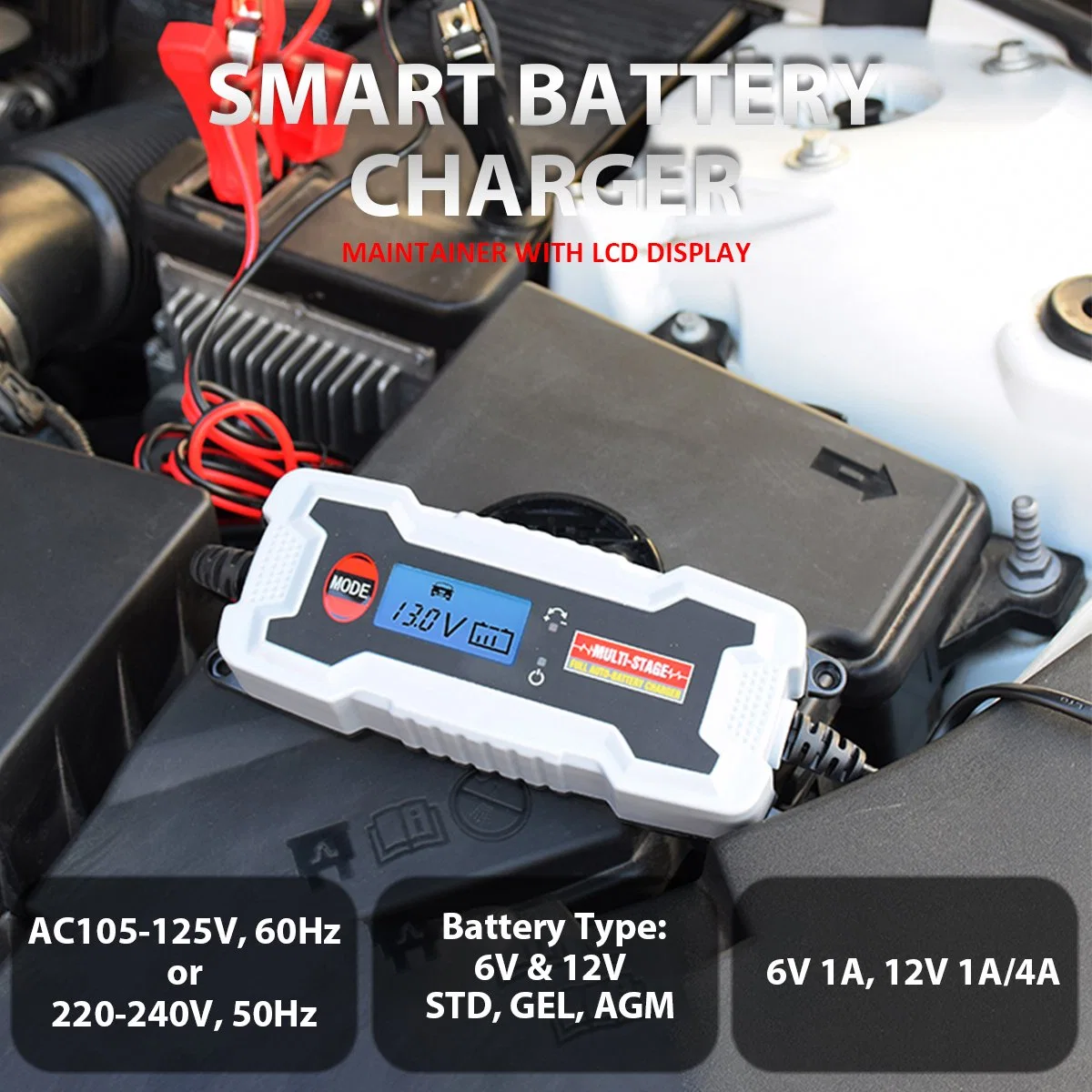 Chargeur de batterie pour voiture 6V/12V/4A chargeur de batterie intelligent automatique/Maintenance avec écran LCD pour voiture, tondeuse à gazon, moto, bateau, SUV et bien plus encore ;