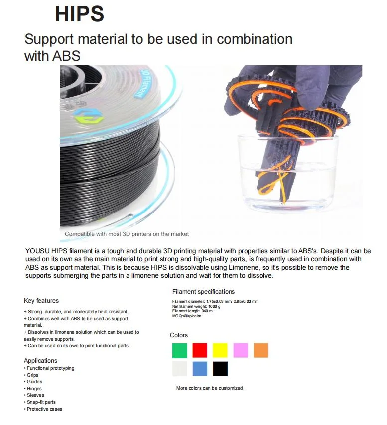 High quality/High cost performance  3D Printing HIPS Filament 1.75mm 2.85mm Multi-Color Support Printing Materials in Combination with ABS Grips Snap-in Parts Filaments Red 1000g