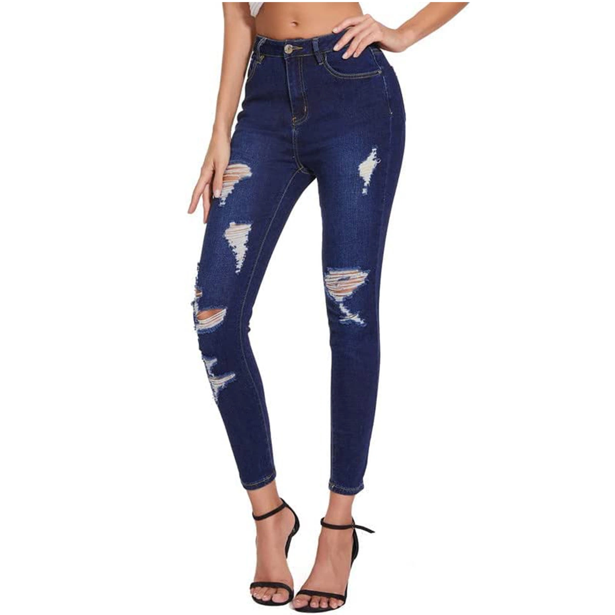 Custom Regualr Fit Frayed Destoryed Design Brand Denim Trendy Women Jeans