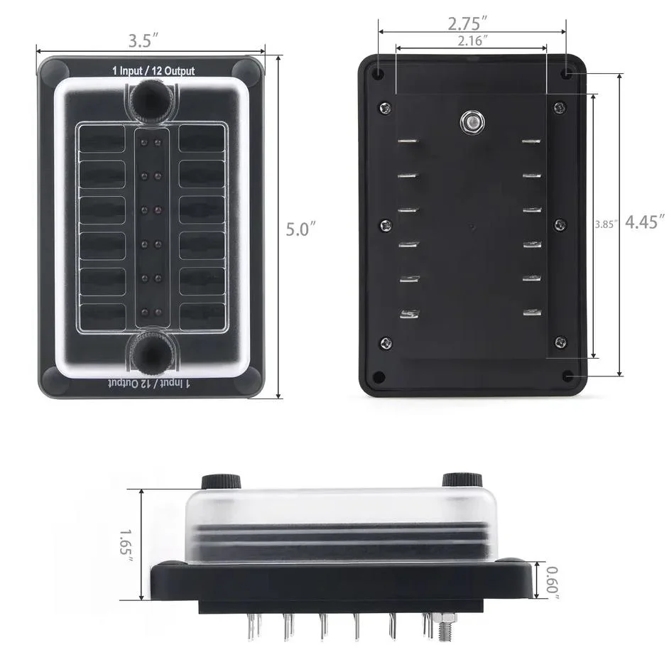 12 Circuit Fuse Block Holder with LED Indicator 12 Input/12 Output Waterproof for Automotive Car Truck Boat Marine RV