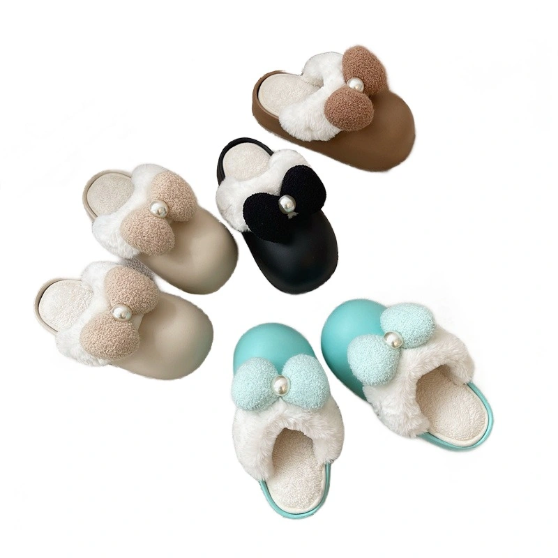 Wholesale Women Winter Indoor Warm Soft Fluffy Slippers with Pearl Bow