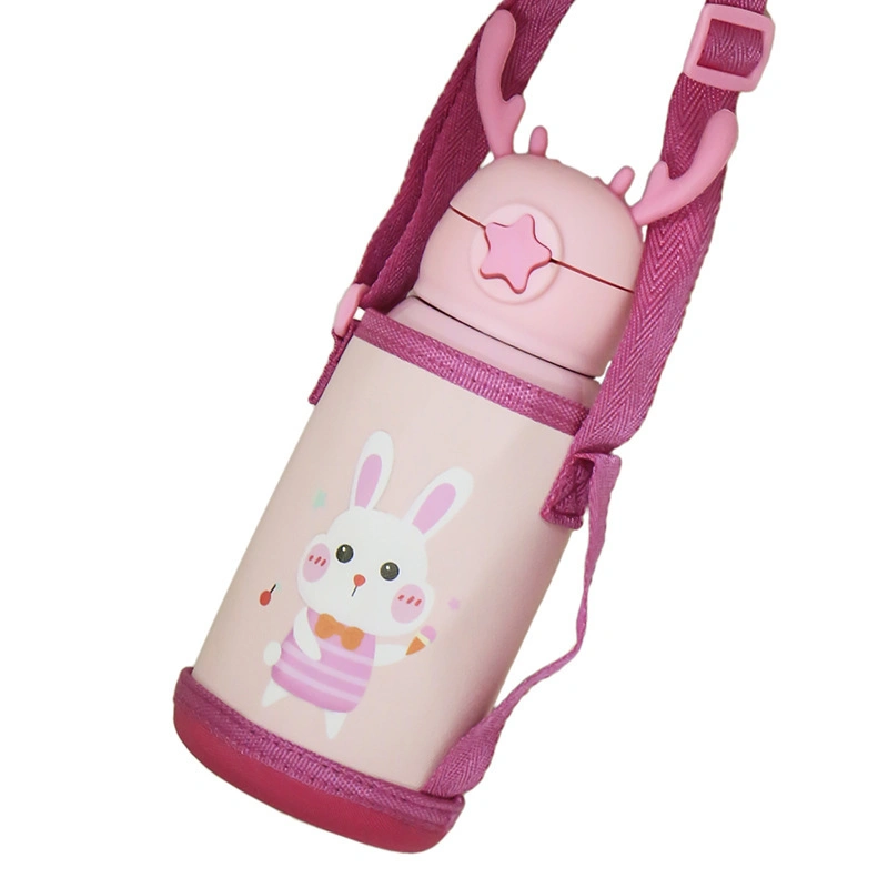 Vente en gros enfants mignon dessin animé Noël Elk hors de la coupe de voyage 316 Thermos en acier inoxydable bouteille d'eau pour enfants Avec pochette en paille 3 couvercles