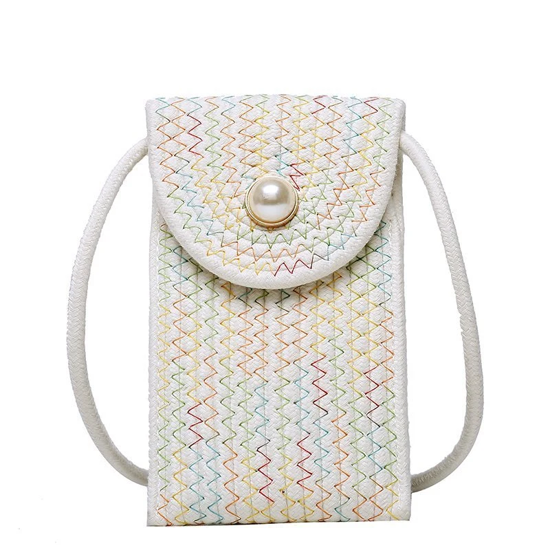 The 2021 New Pearl Contracted Mobile Phone Zero Wallet Cotton Thread Woven Contrast Color Stripe Small Bag