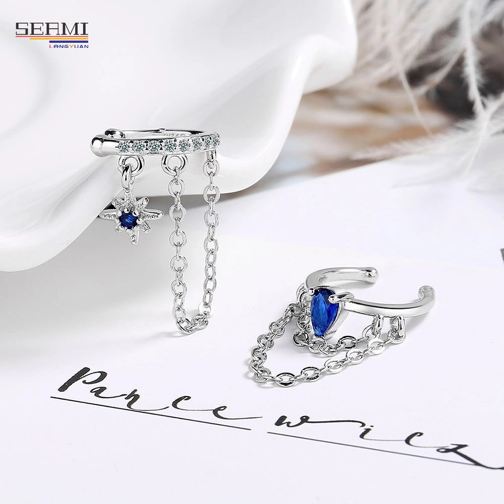 Fashion Silver Earring Double Layer Chain Blue Water Drop Rice Word Zircon Earrings