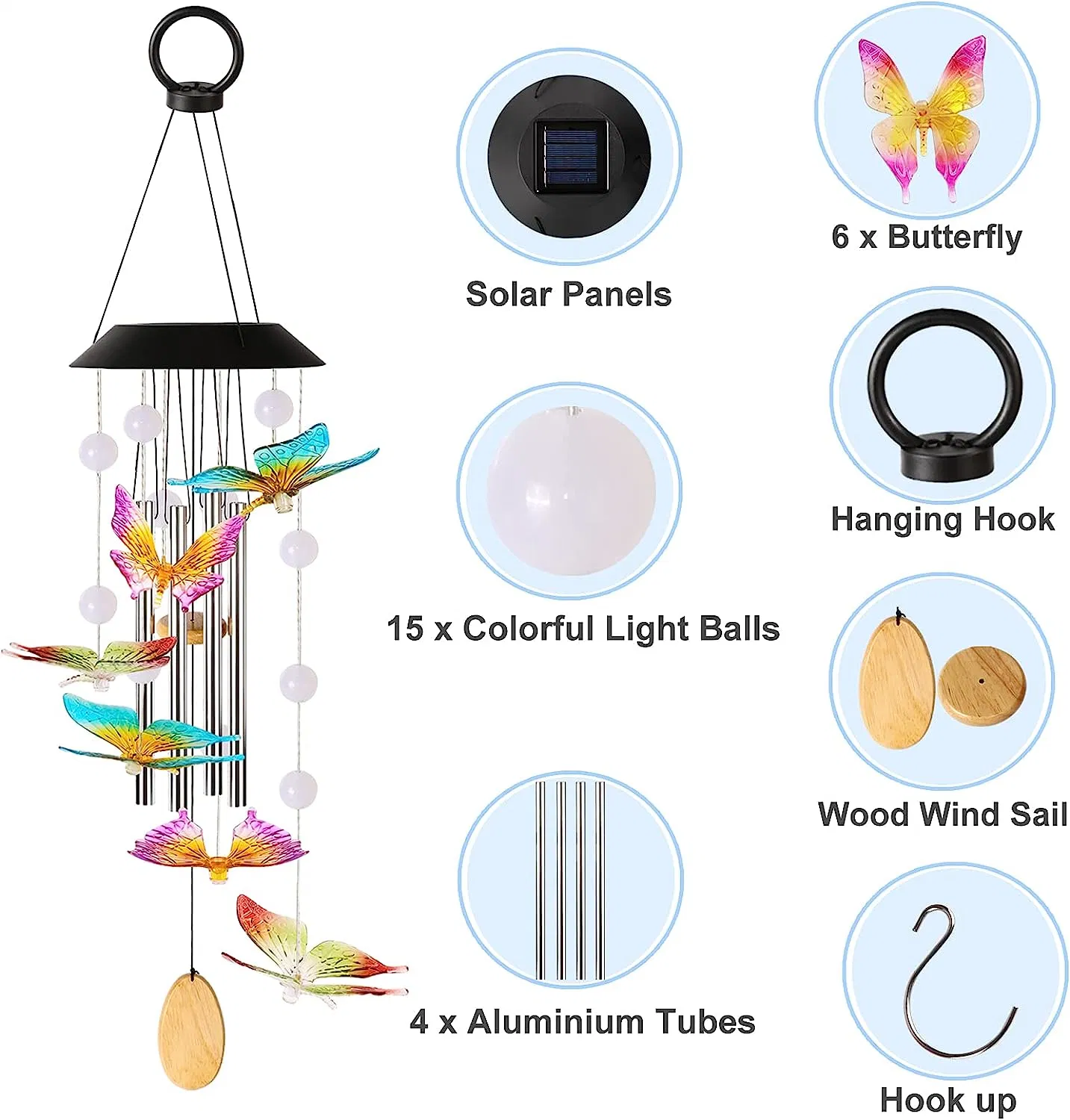 Wind Chimes, Home Decoration Solar Wind Chime 6 Butterfly 4 Music Aluminum Tubes 15 LED Balls Outdoor Waterproof LED Wind Chime, Gifts for Birthday Night Part