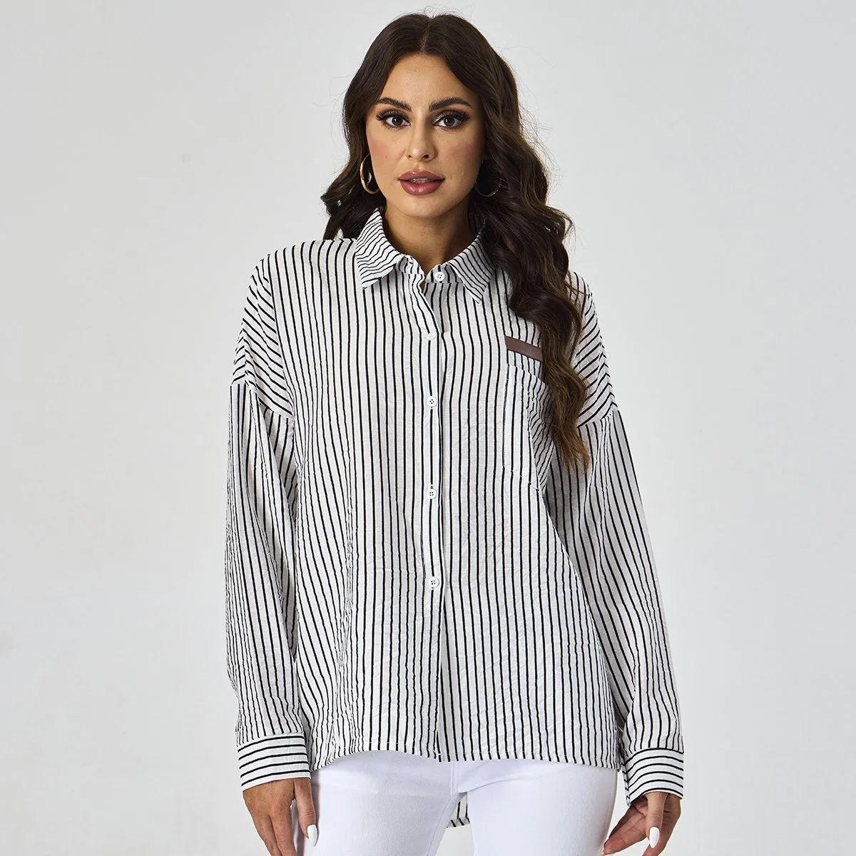 Custom Stripe Printing Collor Down Pocket Patch Casual Female Top Long Sleeve Women Shirts