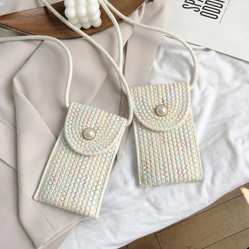 The 2021 New Pearl Contracted Mobile Phone Zero Wallet Cotton Thread Woven Contrast Color Stripe Small Bag