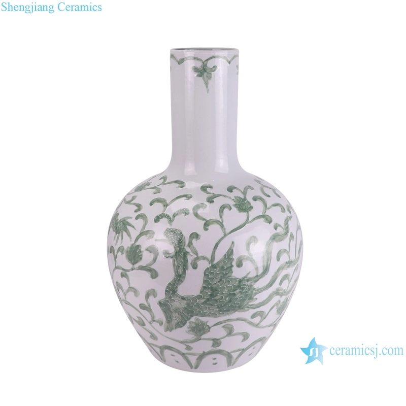 Chinese Dragon and Phoenix Pattern Green and White Color Ceramic Ball Globular Vase