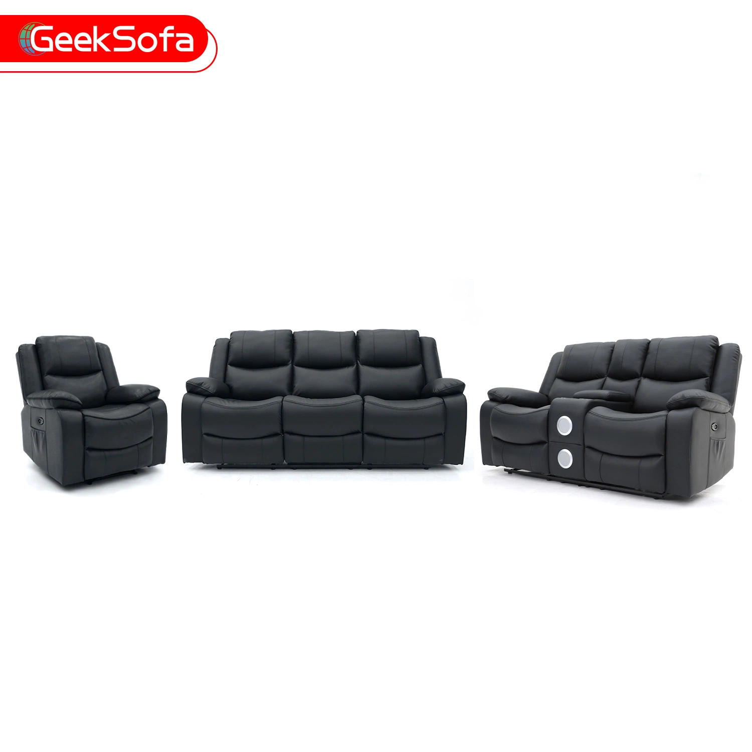 Geeksofa 3+2+1 Moderno Movimiento cuero sofá reclinable con masajes y portavasos para muebles de salón