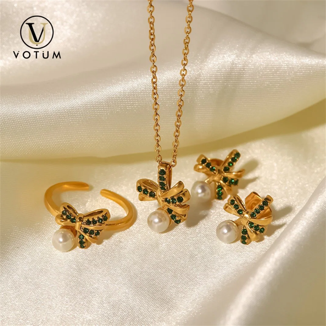 Votum Factory OEM 14K Gold Fashion Bowknot Pearl Necklace Earring Ring Set Freshwater Pearls Handmade Women Accessories Customize Jewelry