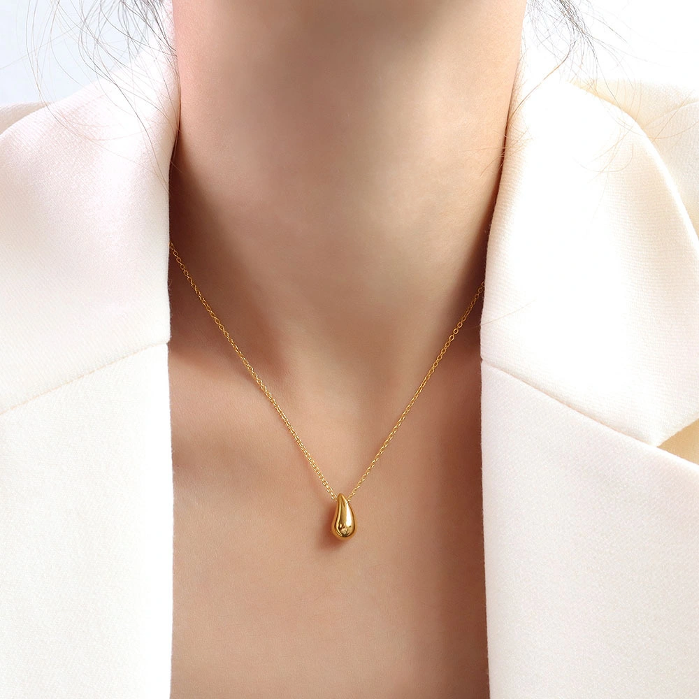 Gold Plated Stainless Steel Droplets Charm Jewelry Simple Geometric Waterdrop Shape Pendant Necklace for Women