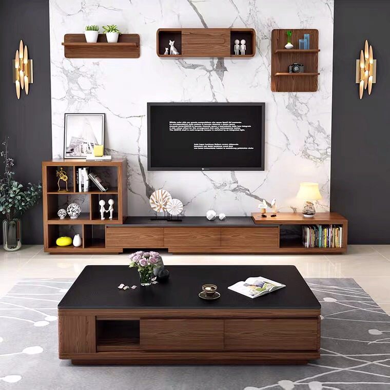 European Style Customized Mealamine Board Hotel Home Living Room Dining Furniture Wooden TV Stand with Shelf