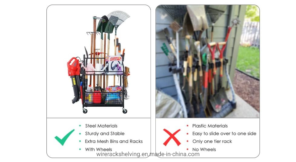 Outil de jardin Organisateur pour l'outil Garage-Yard Racks avec roues, les organisateurs de garage et d'attente de stockage des outils de jardin