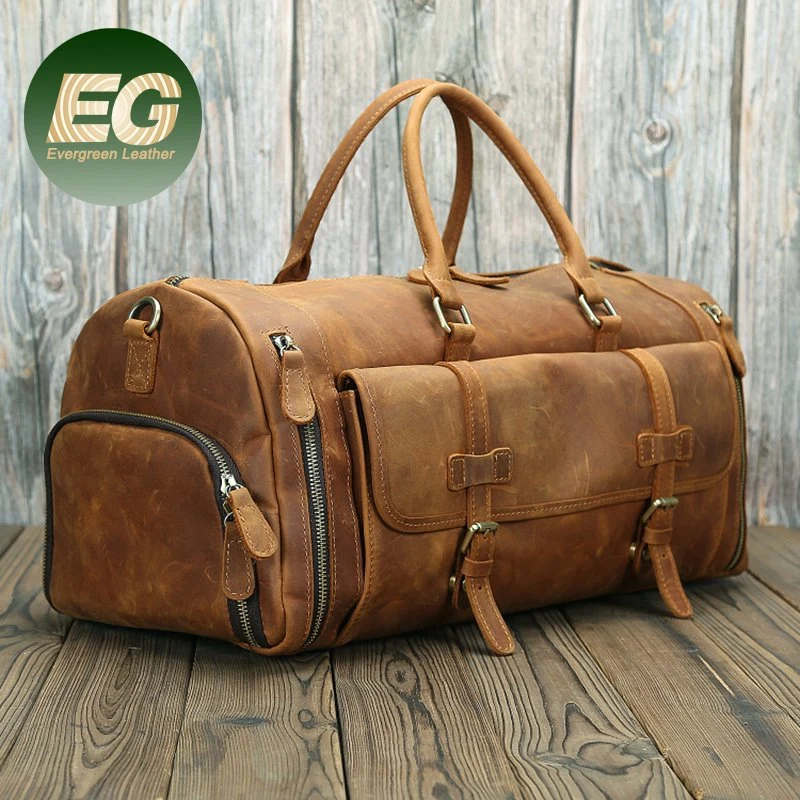 Ga83 Crazy Horse Luxury Duffle Weekender Custom Travel Gym Bags with Shoe Compartment Large Logo Waterproof Men Leather Duffel Bag