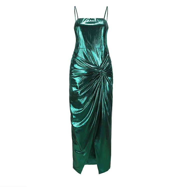 Women Shiny Green V-Neck Camisole Front Slit Evening Dress