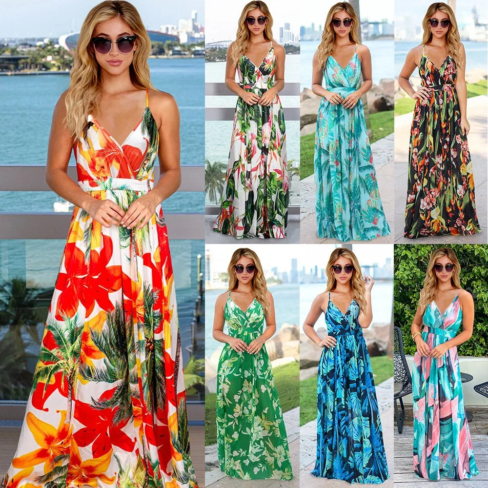 Factory Custom Fashion Women Summer Sexy Club Party casual à noite Vestidos com estampado floral e gola em V Maxi Rayon